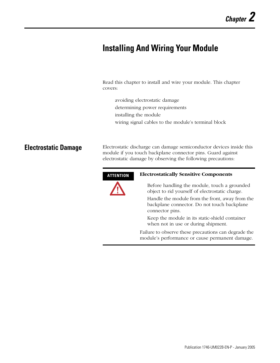 Installing and wiring your module, Electrostatic damage, Chapter 2 | Electrostatic damage -1, Chapter | Rockwell Automation 1746-NT8 SLC 500 Thermocouple/mV Analog Input Module User Manual User Manual | Page 19 / 110