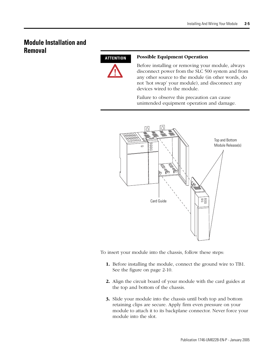 Module installation and removal, Module installation and removal -5 | Rockwell Automation 1746-NT8 SLC 500 Thermocouple/mV Analog Input Module User Manual User Manual | Page 23 / 110