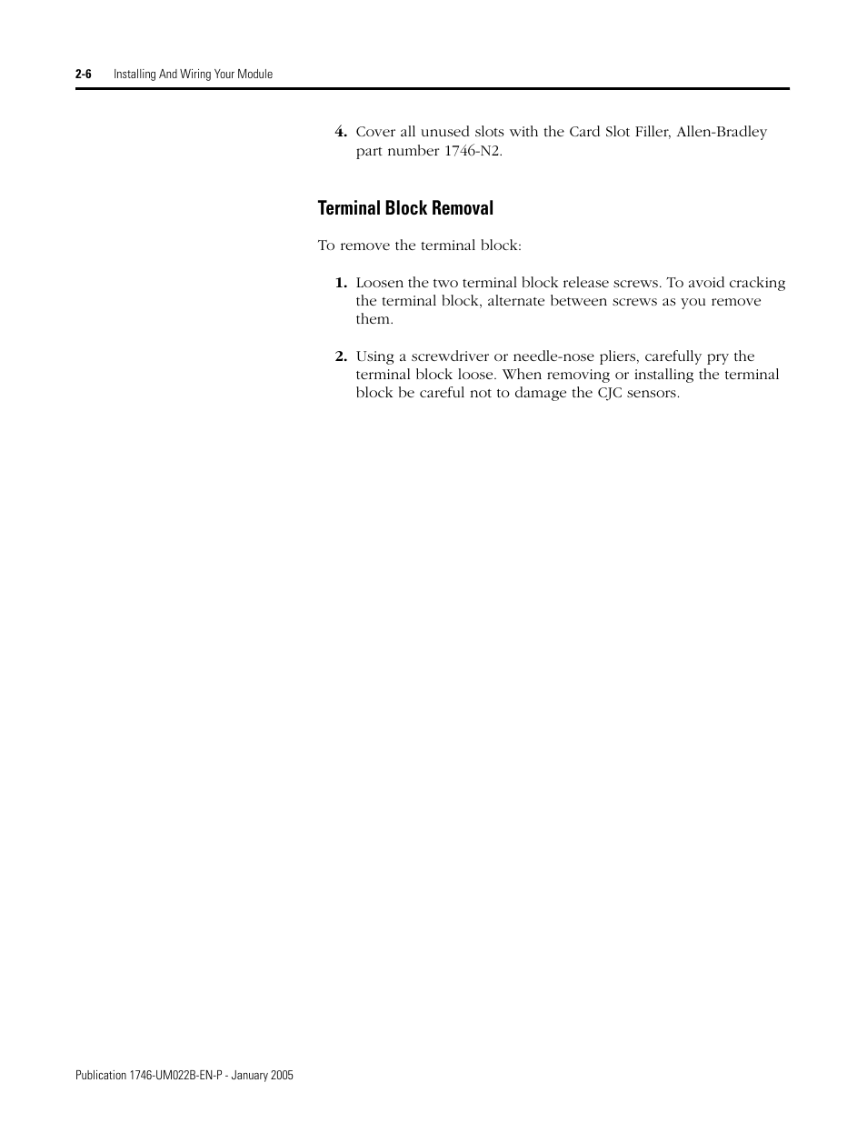 Terminal block removal -6, Terminal block removal | Rockwell Automation 1746-NT8 SLC 500 Thermocouple/mV Analog Input Module User Manual User Manual | Page 24 / 110