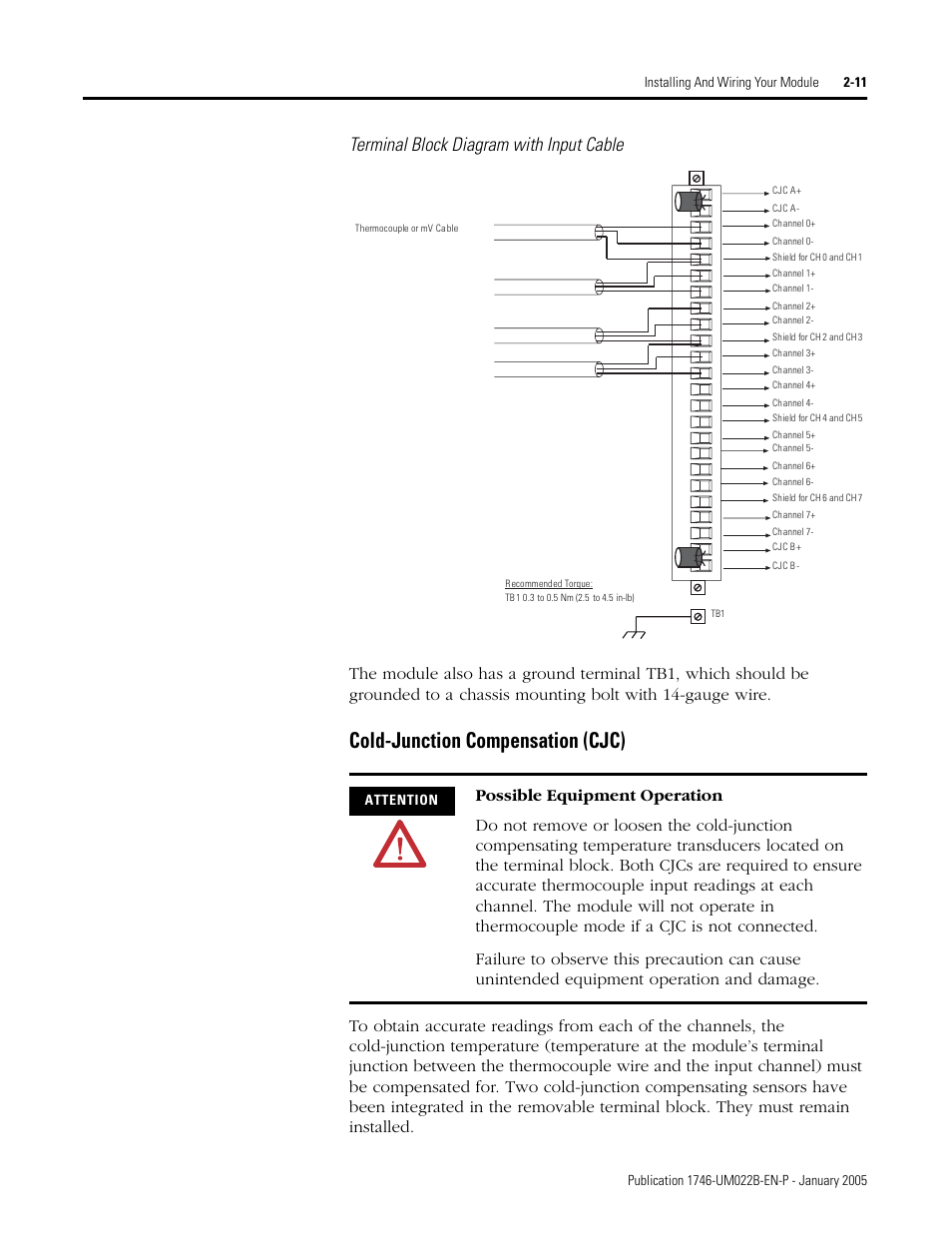 Cold-junction compensation (cjc) -11, Cold-junction compensation (cjc), Terminal block diagram with input cable | Rockwell Automation 1746-NT8 SLC 500 Thermocouple/mV Analog Input Module User Manual User Manual | Page 29 / 110