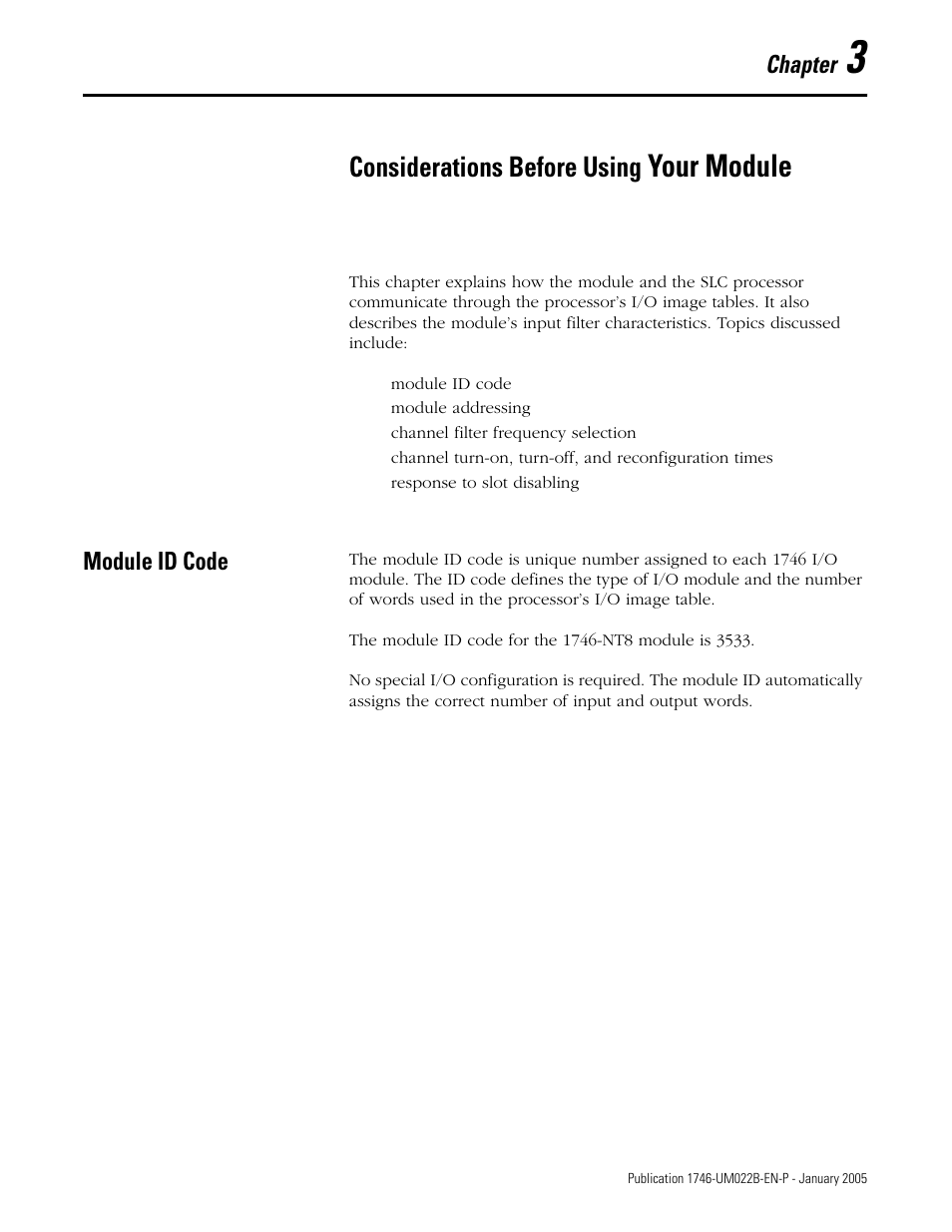 Considerations before using your module, Module id code, Chapter 3 | Module id code -1, Your module, Considerations before using, Chapter | Rockwell Automation 1746-NT8 SLC 500 Thermocouple/mV Analog Input Module User Manual User Manual | Page 31 / 110