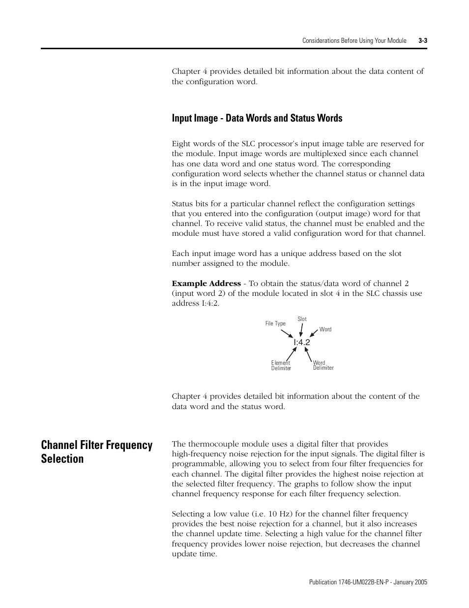 Channel filter frequency selection, Input image - data words and status words -3, Channel filter frequency selection -3 | Input image - data words and status words | Rockwell Automation 1746-NT8 SLC 500 Thermocouple/mV Analog Input Module User Manual User Manual | Page 33 / 110