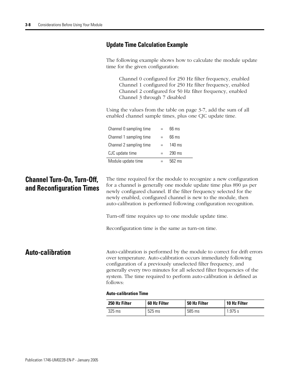 Auto-calibration, Update time calculation example -8, Update time calculation example | Rockwell Automation 1746-NT8 SLC 500 Thermocouple/mV Analog Input Module User Manual User Manual | Page 38 / 110