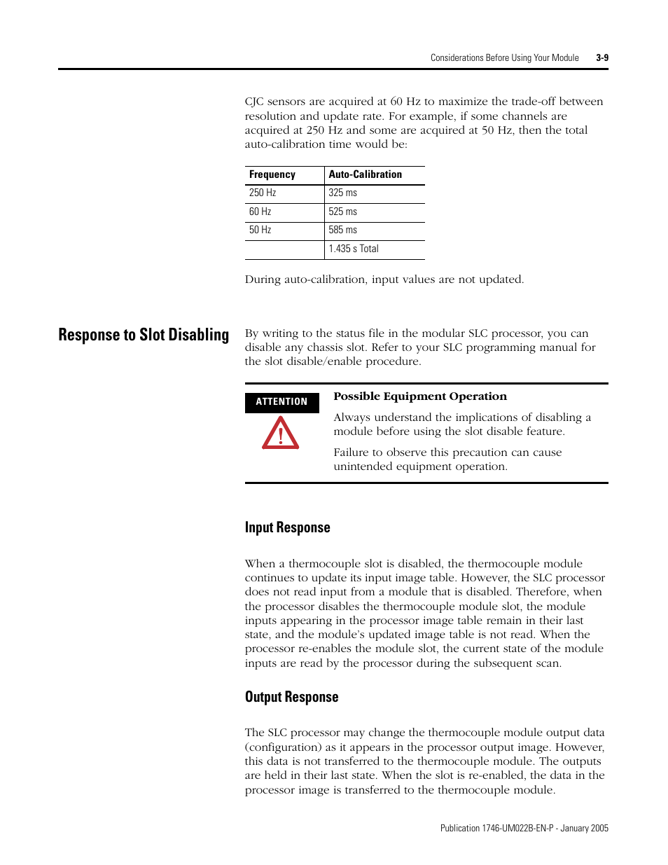 Response to slot disabling, Response to slot disabling -9, Input response -9 output response -9 | Input response, Output response | Rockwell Automation 1746-NT8 SLC 500 Thermocouple/mV Analog Input Module User Manual User Manual | Page 39 / 110