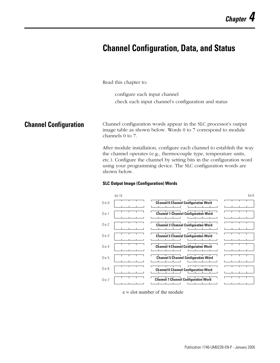 Channel configuration, data, and status, Channel configuration, Chapter 4 | Channel configuration -1, Chapter | Rockwell Automation 1746-NT8 SLC 500 Thermocouple/mV Analog Input Module User Manual User Manual | Page 41 / 110