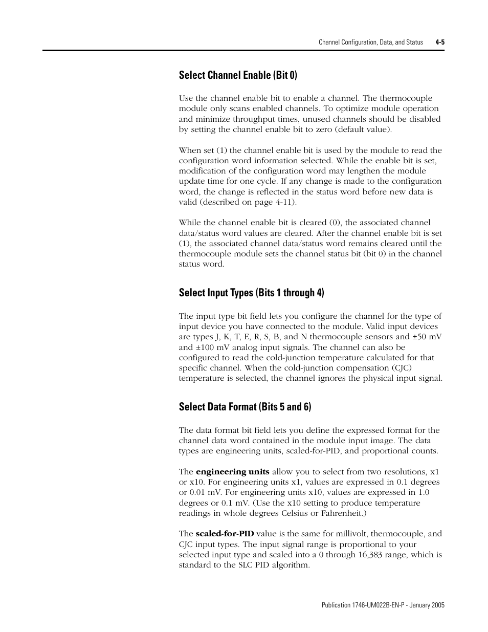 Select channel enable (bit 0), Select input types (bits 1 through 4), Select data format (bits 5 and 6) | Rockwell Automation 1746-NT8 SLC 500 Thermocouple/mV Analog Input Module User Manual User Manual | Page 45 / 110