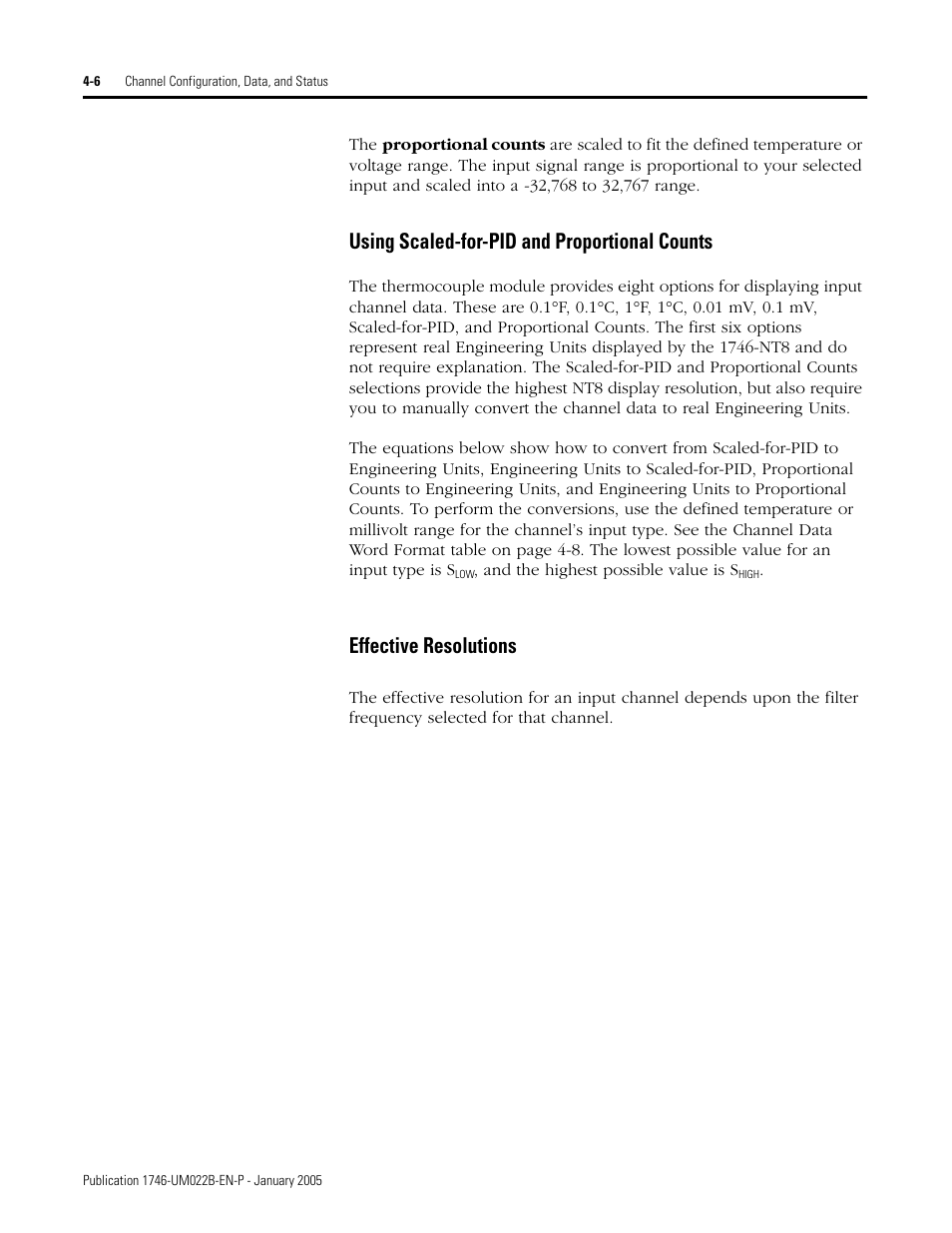 Using scaled-for-pid and proportional counts, Effective resolutions | Rockwell Automation 1746-NT8 SLC 500 Thermocouple/mV Analog Input Module User Manual User Manual | Page 46 / 110