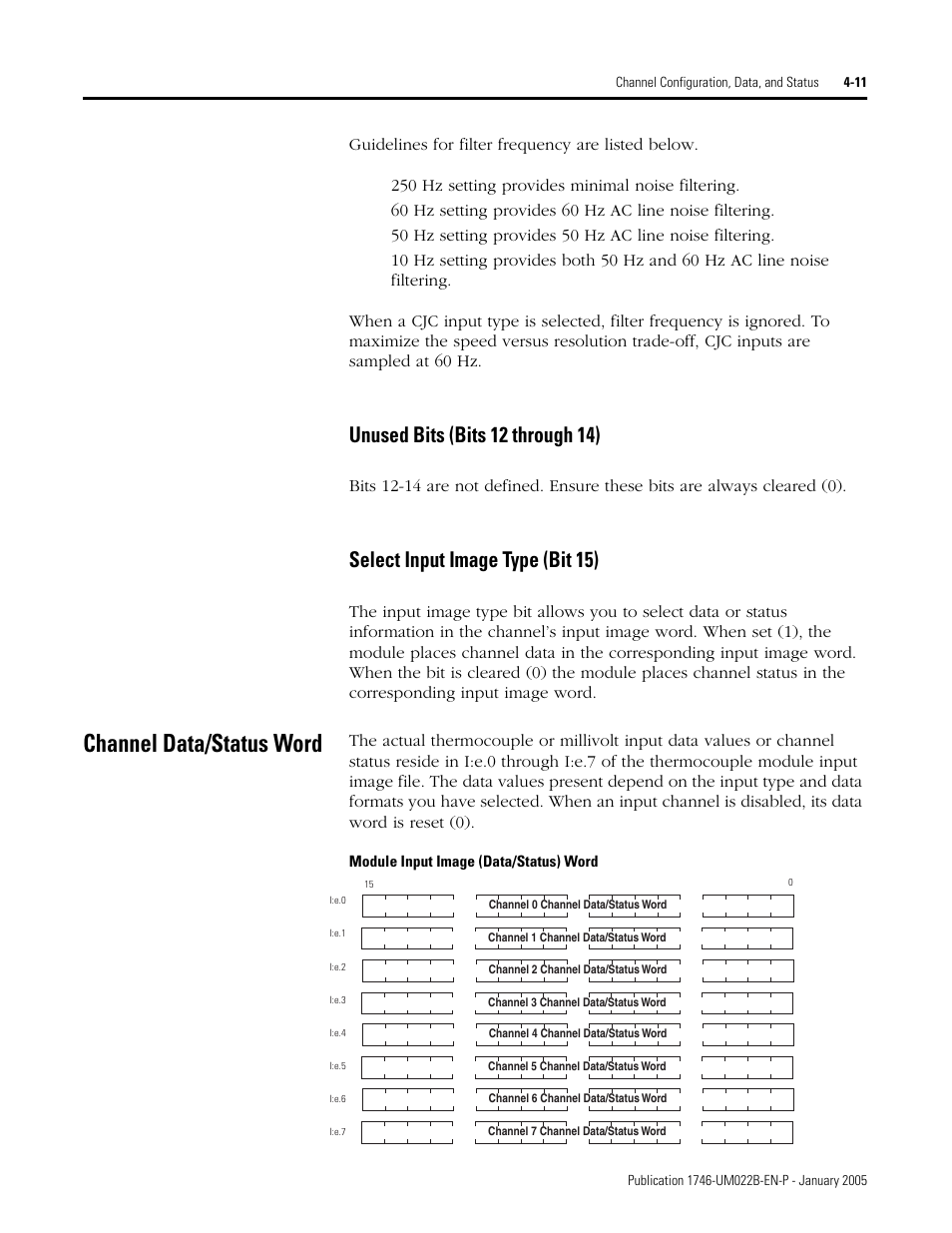 Channel data/status word, Channel data/status word -11, Unused bits (bits 12 through 14) | Select input image type (bit 15) | Rockwell Automation 1746-NT8 SLC 500 Thermocouple/mV Analog Input Module User Manual User Manual | Page 51 / 110