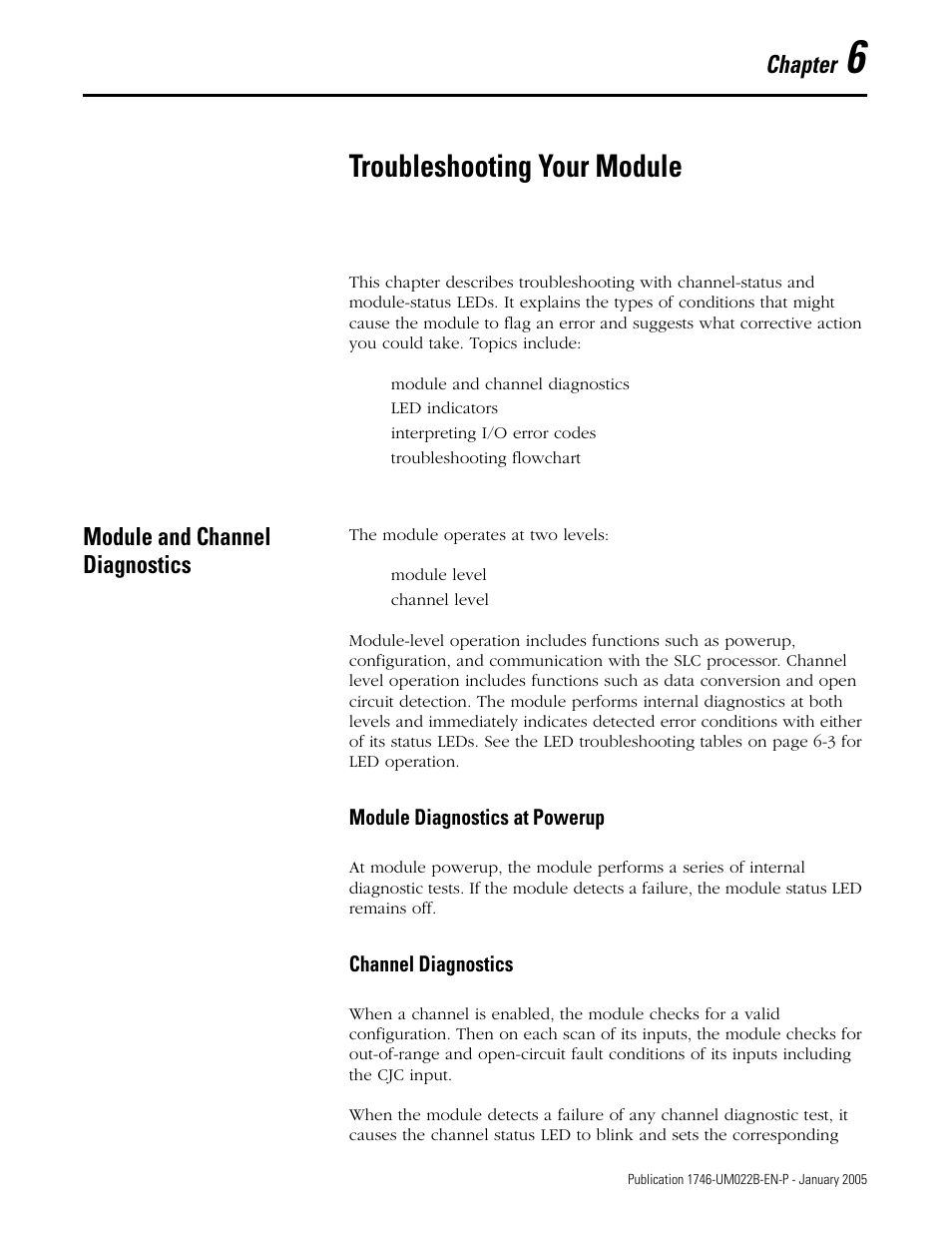 Troubleshooting your module, Module and channel diagnostics, Chapter 6 | Module and channel diagnostics -1, Chapter | Rockwell Automation 1746-NT8 SLC 500 Thermocouple/mV Analog Input Module User Manual User Manual | Page 73 / 110