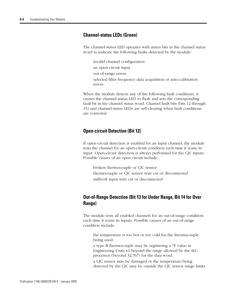 Channel-status leds (green), Open-circuit detection (bit 12) | Rockwell Automation 1746-NT8 SLC 500 Thermocouple/mV Analog Input Module User Manual User Manual | Page 76 / 110