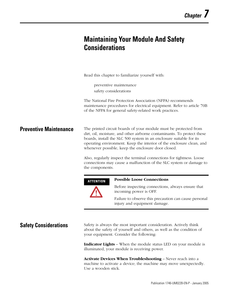 Maintaining your module and safety considerations, Preventive maintenance, Safety considerations | Chapter 7, Preventive maintenance -1 safety considerations -1, Chapter | Rockwell Automation 1746-NT8 SLC 500 Thermocouple/mV Analog Input Module User Manual User Manual | Page 79 / 110
