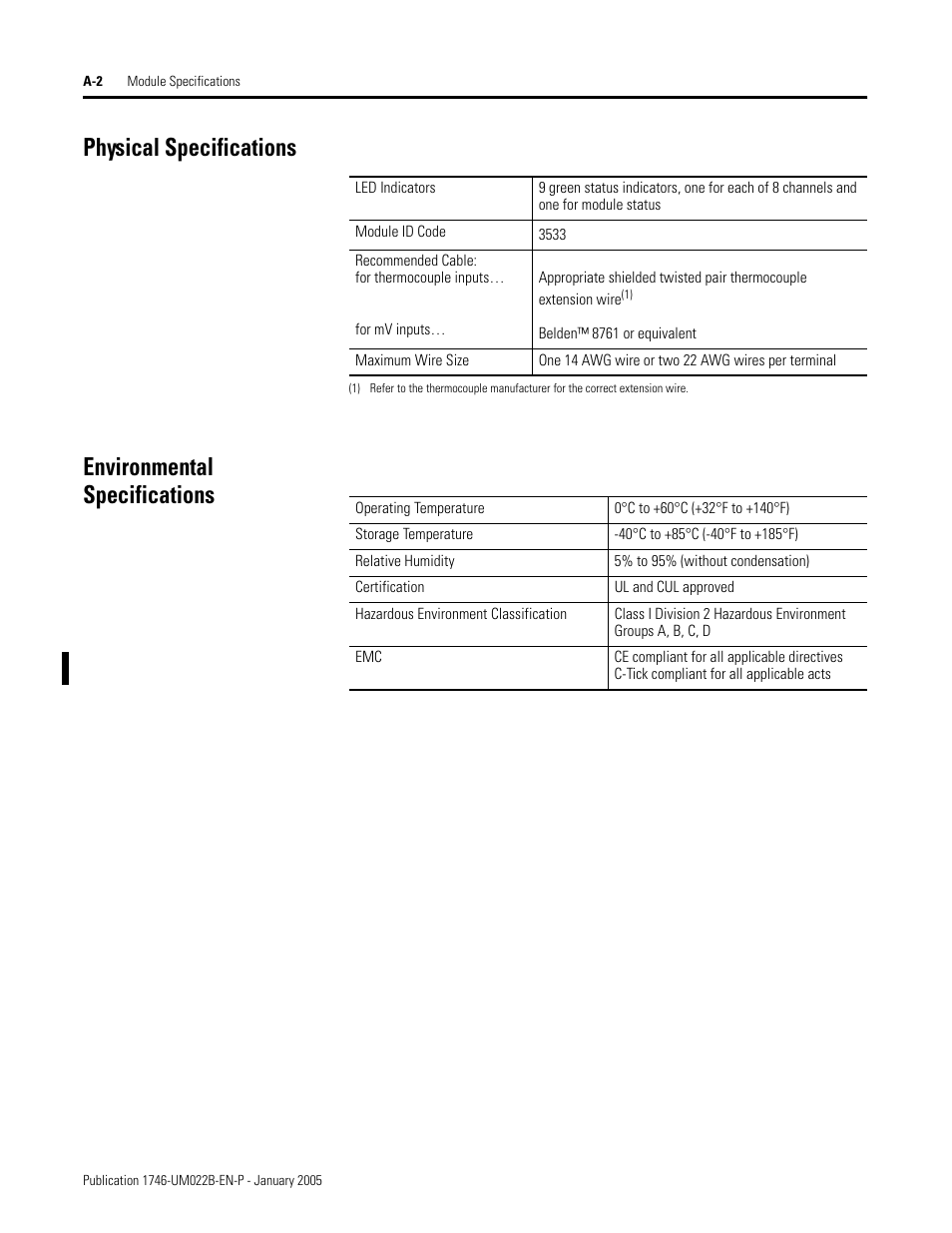 Physical specifications, Environmental specifications | Rockwell Automation 1746-NT8 SLC 500 Thermocouple/mV Analog Input Module User Manual User Manual | Page 82 / 110