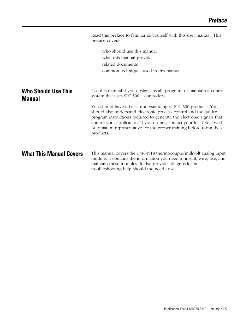 Preface, Who should use this manual, What this manual covers | Rockwell Automation 1746-NT8 SLC 500 Thermocouple/mV Analog Input Module User Manual User Manual | Page 9 / 110
