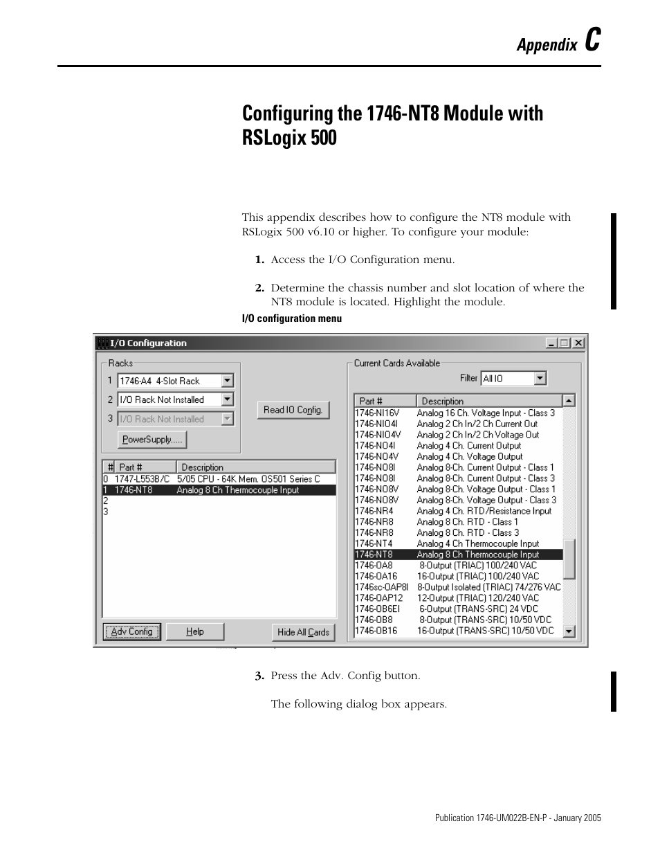 Configuring the 1746-nt8 module with rslogix 500, Appendix c, Appendix | Rockwell Automation 1746-NT8 SLC 500 Thermocouple/mV Analog Input Module User Manual User Manual | Page 97 / 110