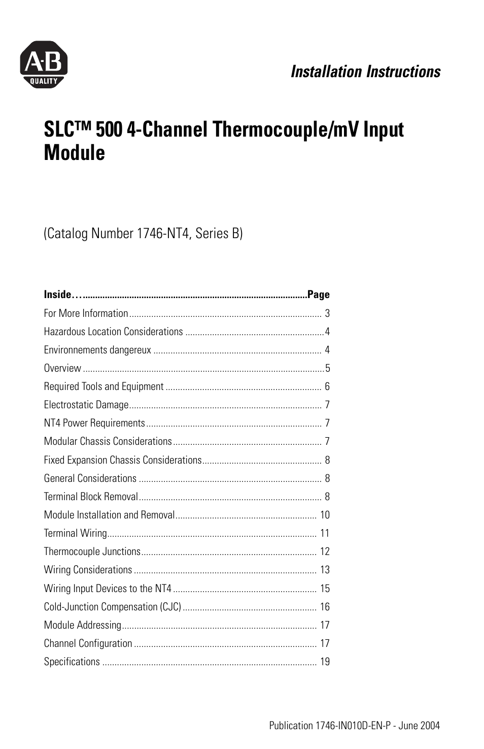 Rockwell Automation 1746-NT4 SLC 500 Thermocouple/mV Input Module Installation Instructions User Manual | 24 pages