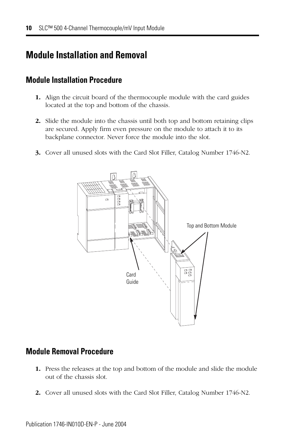 Module installation and removal, Module installation procedure, Module removal procedure | Rockwell Automation 1746-NT4 SLC 500 Thermocouple/mV Input Module Installation Instructions User Manual | Page 10 / 24