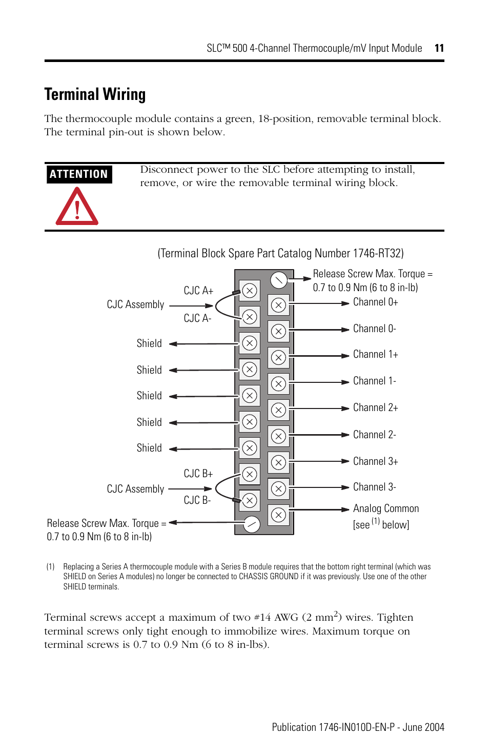 Terminal wiring | Rockwell Automation 1746-NT4 SLC 500 Thermocouple/mV Input Module Installation Instructions User Manual | Page 11 / 24