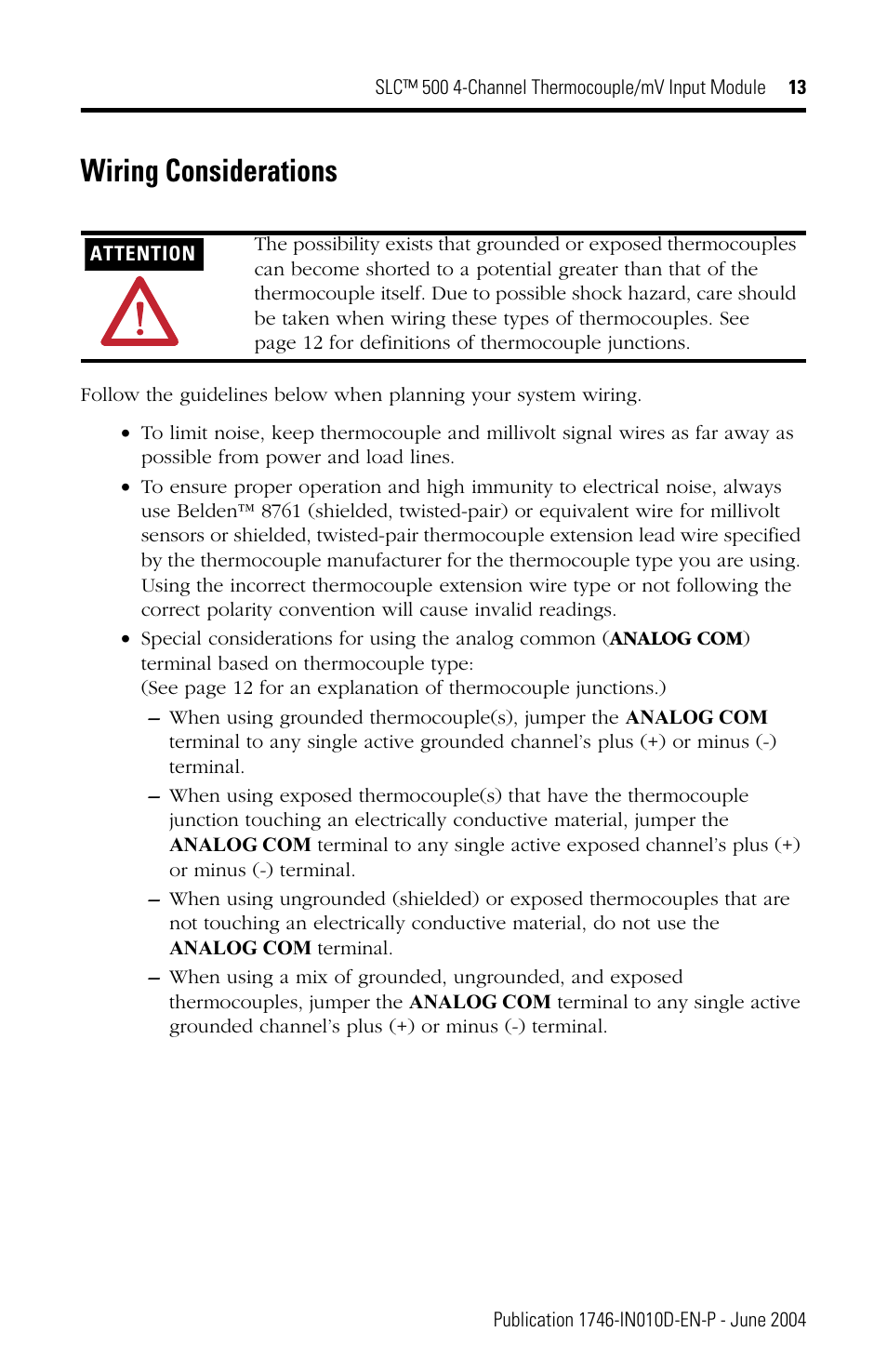 Wiring considerations | Rockwell Automation 1746-NT4 SLC 500 Thermocouple/mV Input Module Installation Instructions User Manual | Page 13 / 24