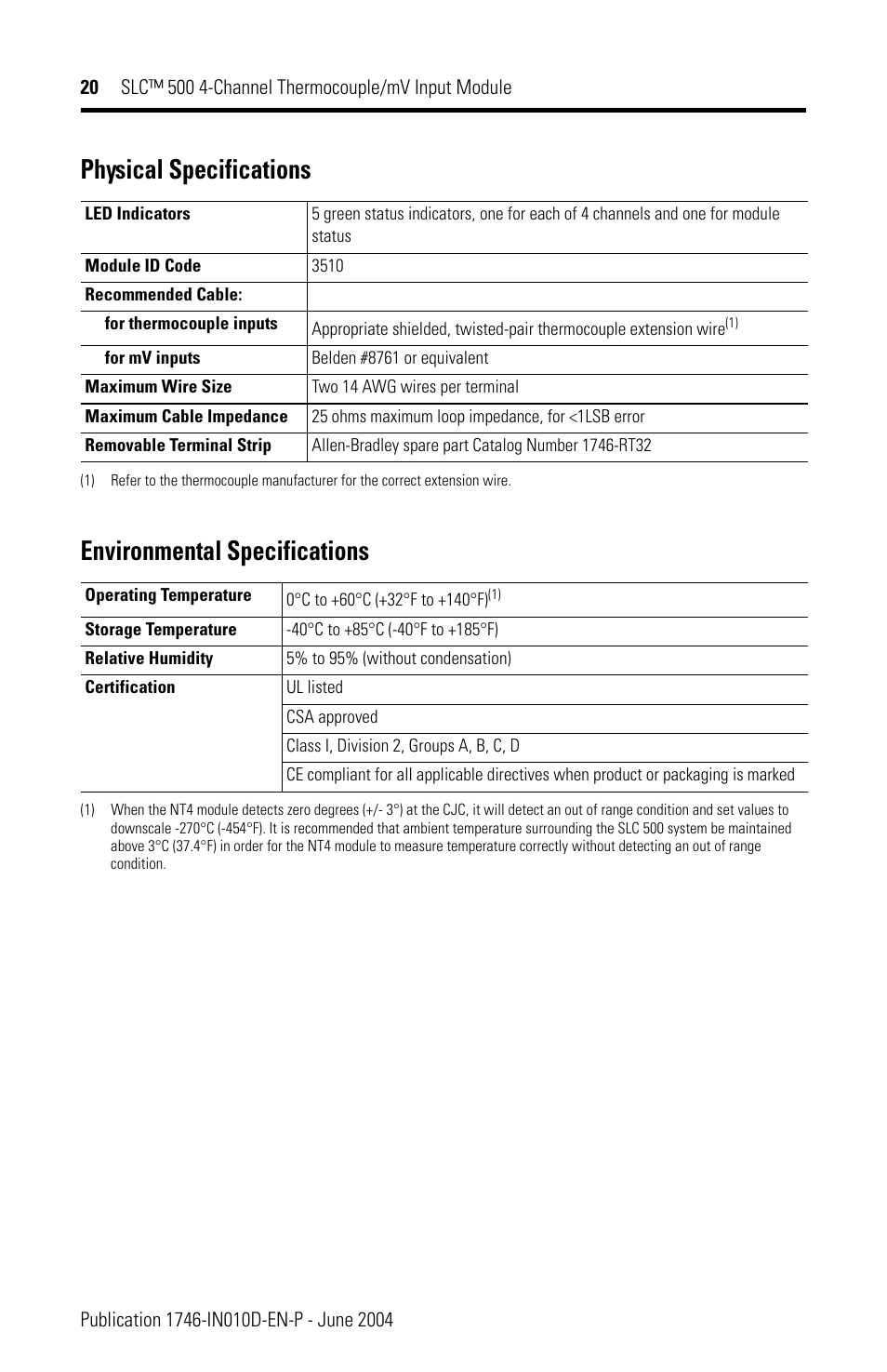 Rockwell Automation 1746-NT4 SLC 500 Thermocouple/mV Input Module Installation Instructions User Manual | Page 20 / 24