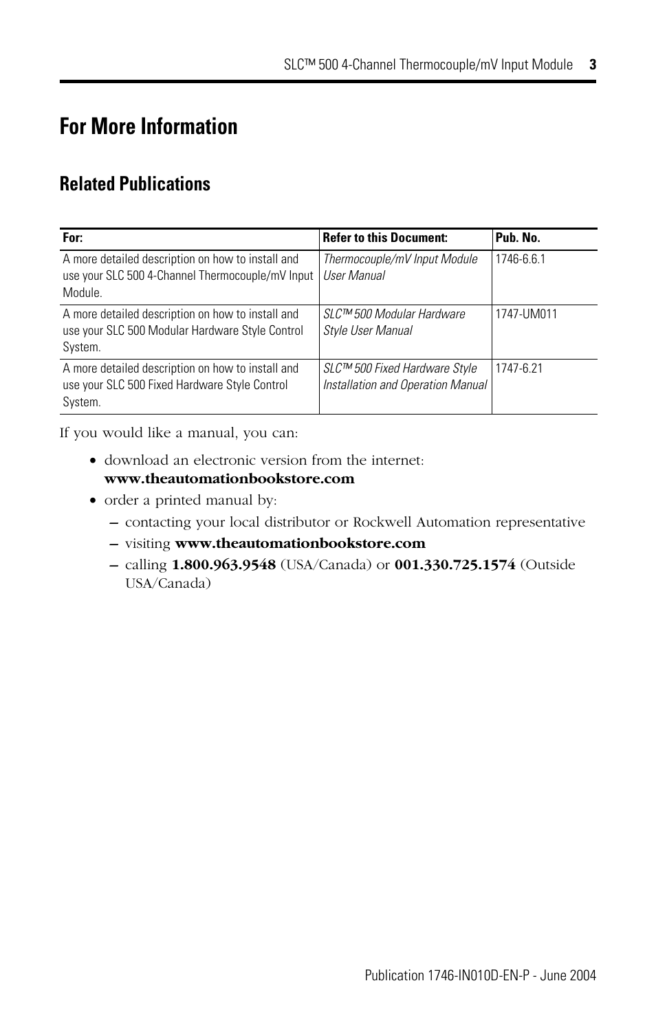 For more information, Related publications | Rockwell Automation 1746-NT4 SLC 500 Thermocouple/mV Input Module Installation Instructions User Manual | Page 3 / 24