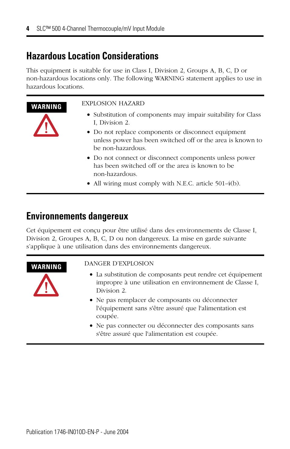 Hazardous location considerations, Environnements dangereux | Rockwell Automation 1746-NT4 SLC 500 Thermocouple/mV Input Module Installation Instructions User Manual | Page 4 / 24