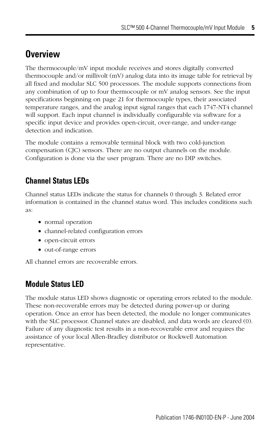 Overview, Channel status leds, Module status led | Rockwell Automation 1746-NT4 SLC 500 Thermocouple/mV Input Module Installation Instructions User Manual | Page 5 / 24
