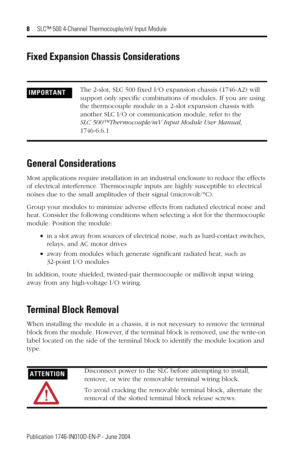 Fixed expansion chassis considerations, General considerations, Terminal block removal | Rockwell Automation 1746-NT4 SLC 500 Thermocouple/mV Input Module Installation Instructions User Manual | Page 8 / 24