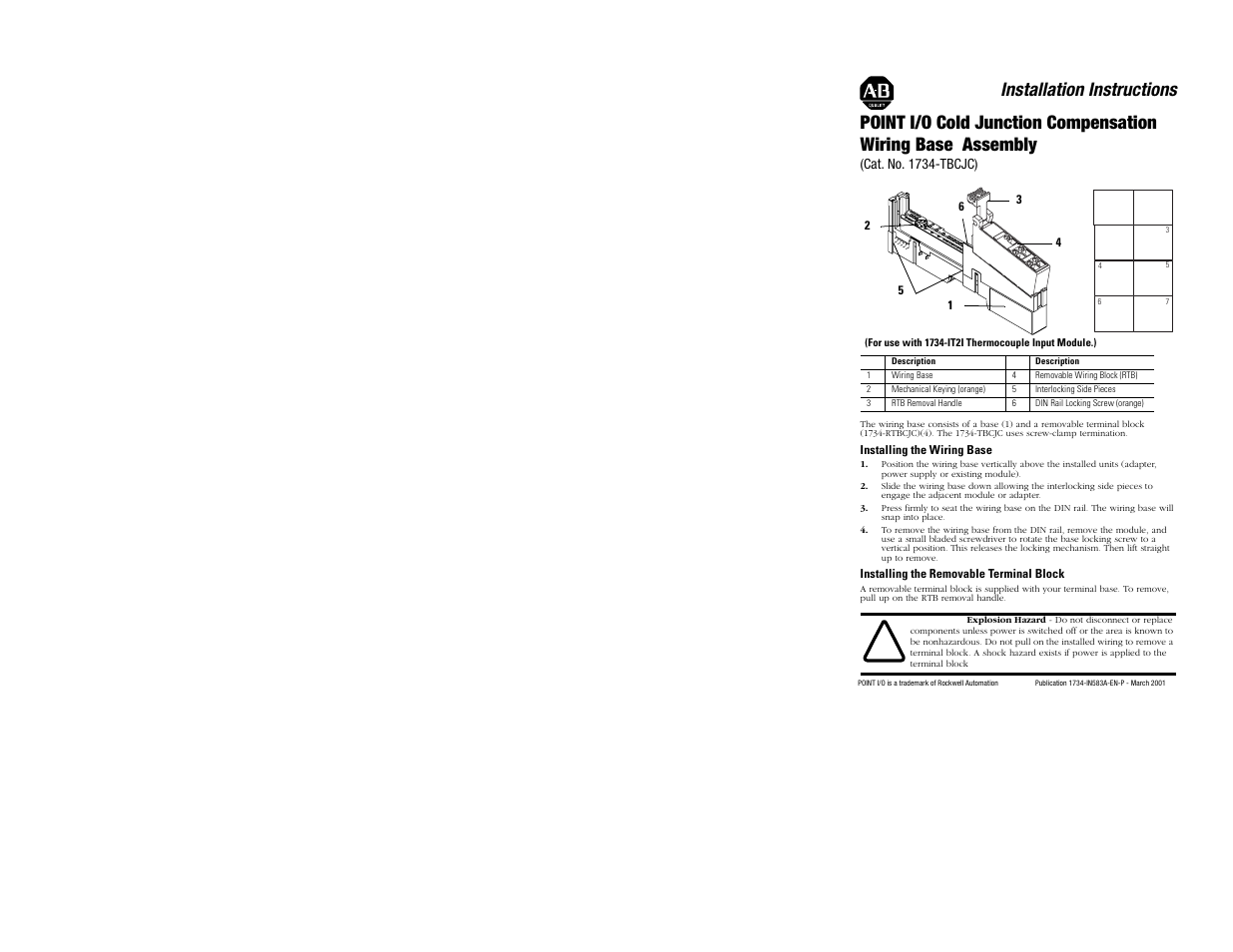 Rockwell Automation 1734-TBCJC POINT I/O Cold Junction Compensation Wiring Base Assembly User Manual | 2 pages