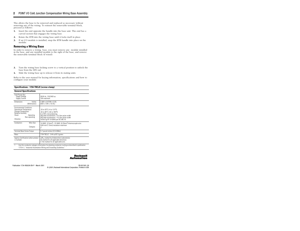 Removing a wiring base | Rockwell Automation 1734-TBCJC POINT I/O Cold Junction Compensation Wiring Base Assembly User Manual | Page 2 / 2