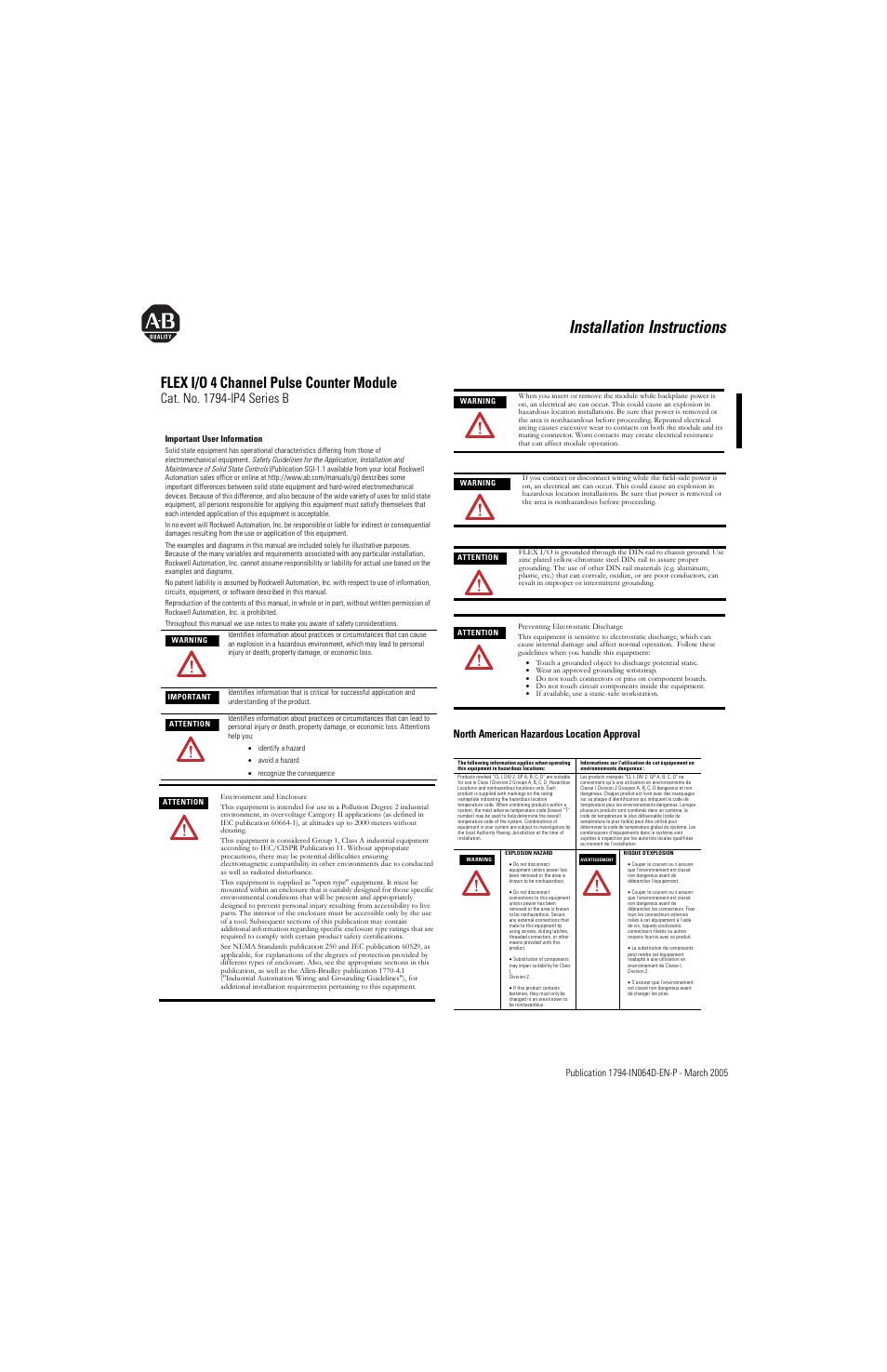 Rockwell Automation 1794-IP4/B INSTL INSTR 24V dc FLEX I/O 4 CHANNEL User Manual | 6 pages