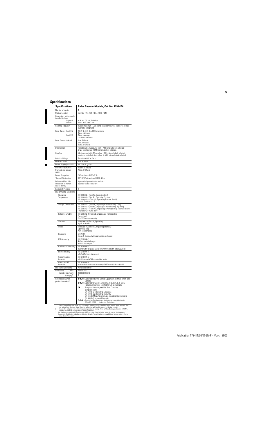 Specifications | Rockwell Automation 1794-IP4/B INSTL INSTR 24V dc FLEX I/O 4 CHANNEL User Manual | Page 5 / 6