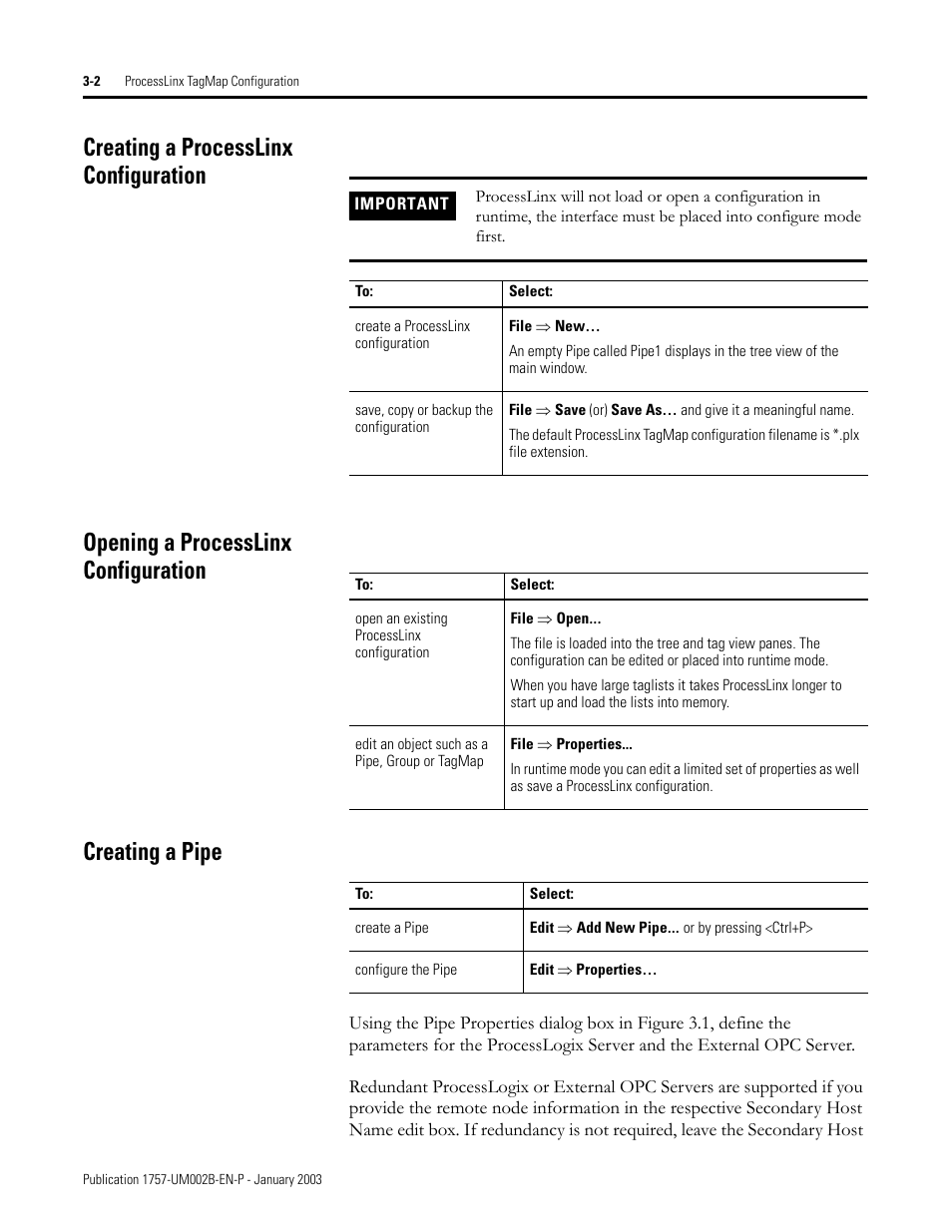 Creating a processlinx configuration, Opening a processlinx configuration, Creating a pipe | Rockwell Automation 1757-PROCESSLINX ProcessLinx OPC Server to Server Software User Manual User Manual | Page 22 / 70