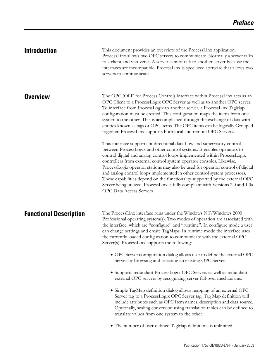 Preface, Introduction, Overview | Functional description, Preface introduction | Rockwell Automation 1757-PROCESSLINX ProcessLinx OPC Server to Server Software User Manual User Manual | Page 3 / 70