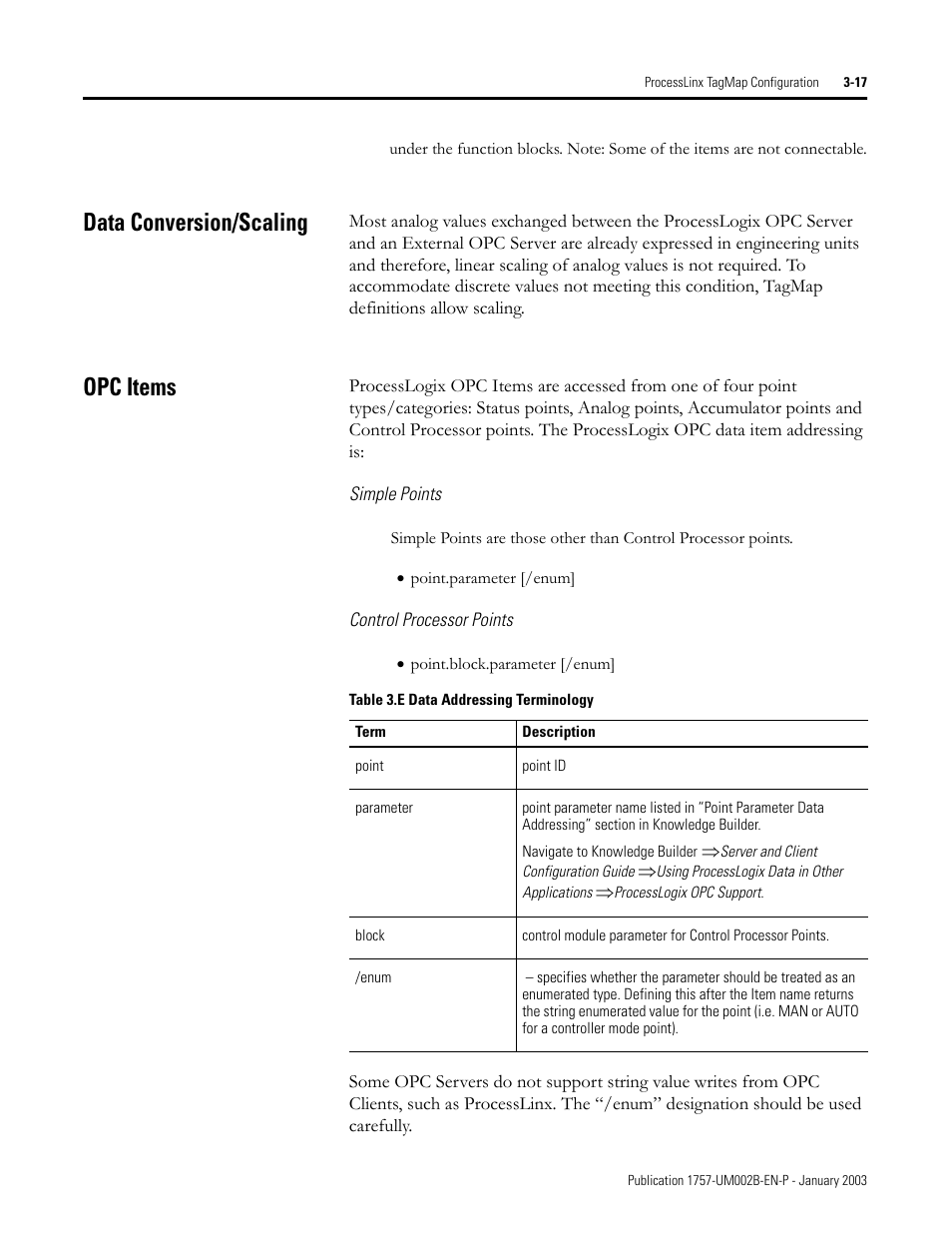 Data conversion/scaling, Opc items, Simple points | Control processor points, Data conversion/scaling -17 opc items -17 | Rockwell Automation 1757-PROCESSLINX ProcessLinx OPC Server to Server Software User Manual User Manual | Page 37 / 70