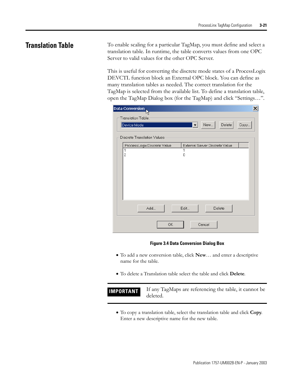 Translation table, Translation table -21 | Rockwell Automation 1757-PROCESSLINX ProcessLinx OPC Server to Server Software User Manual User Manual | Page 41 / 70