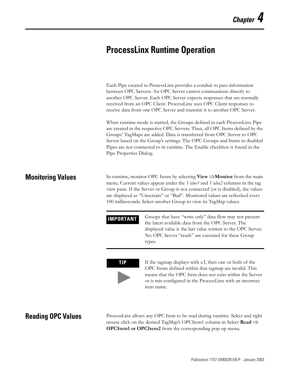 4 processlinx runtime operation, Monitoring values, Reading opc values | Processlinx runtime operation, Monitoring values -1 reading opc values -1, Chapter | Rockwell Automation 1757-PROCESSLINX ProcessLinx OPC Server to Server Software User Manual User Manual | Page 45 / 70