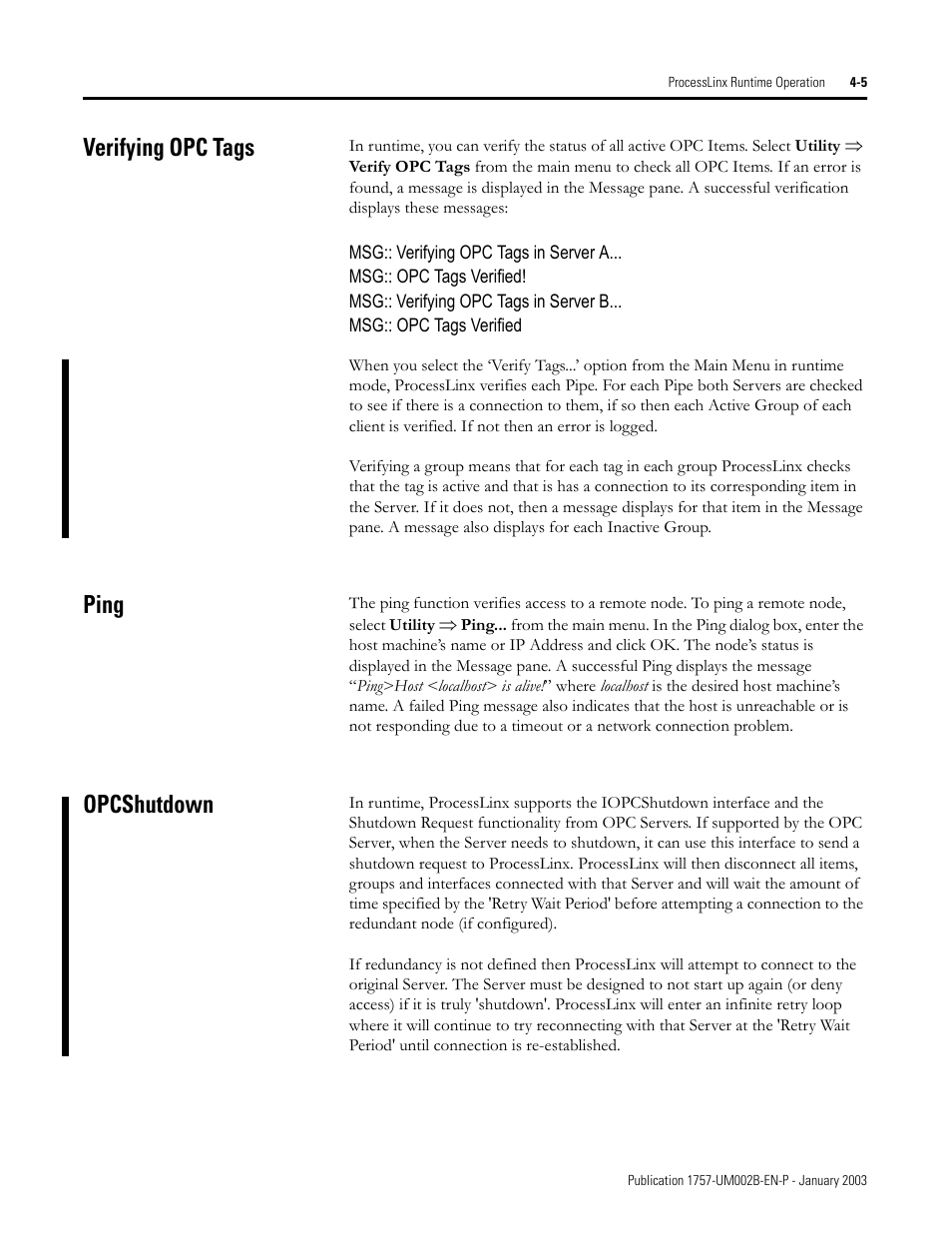 Verifying opc tags, Ping, Opcshutdown | Verifying opc tags -5 ping -5 opcshutdown -5 | Rockwell Automation 1757-PROCESSLINX ProcessLinx OPC Server to Server Software User Manual User Manual | Page 49 / 70