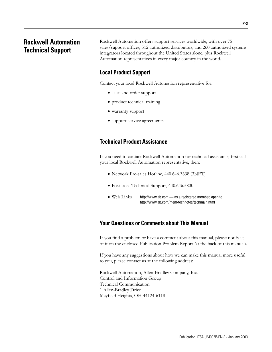 Rockwell automation technical support, Local product support, Technical product assistance | Your questions or comments about this manual | Rockwell Automation 1757-PROCESSLINX ProcessLinx OPC Server to Server Software User Manual User Manual | Page 5 / 70