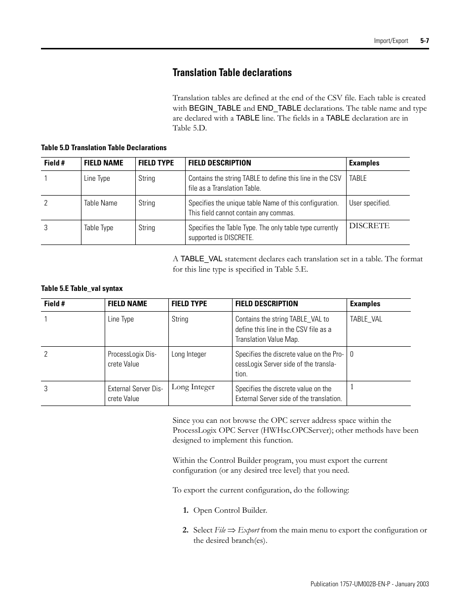 Translation table declarations, Translation table declarations -7 | Rockwell Automation 1757-PROCESSLINX ProcessLinx OPC Server to Server Software User Manual User Manual | Page 57 / 70