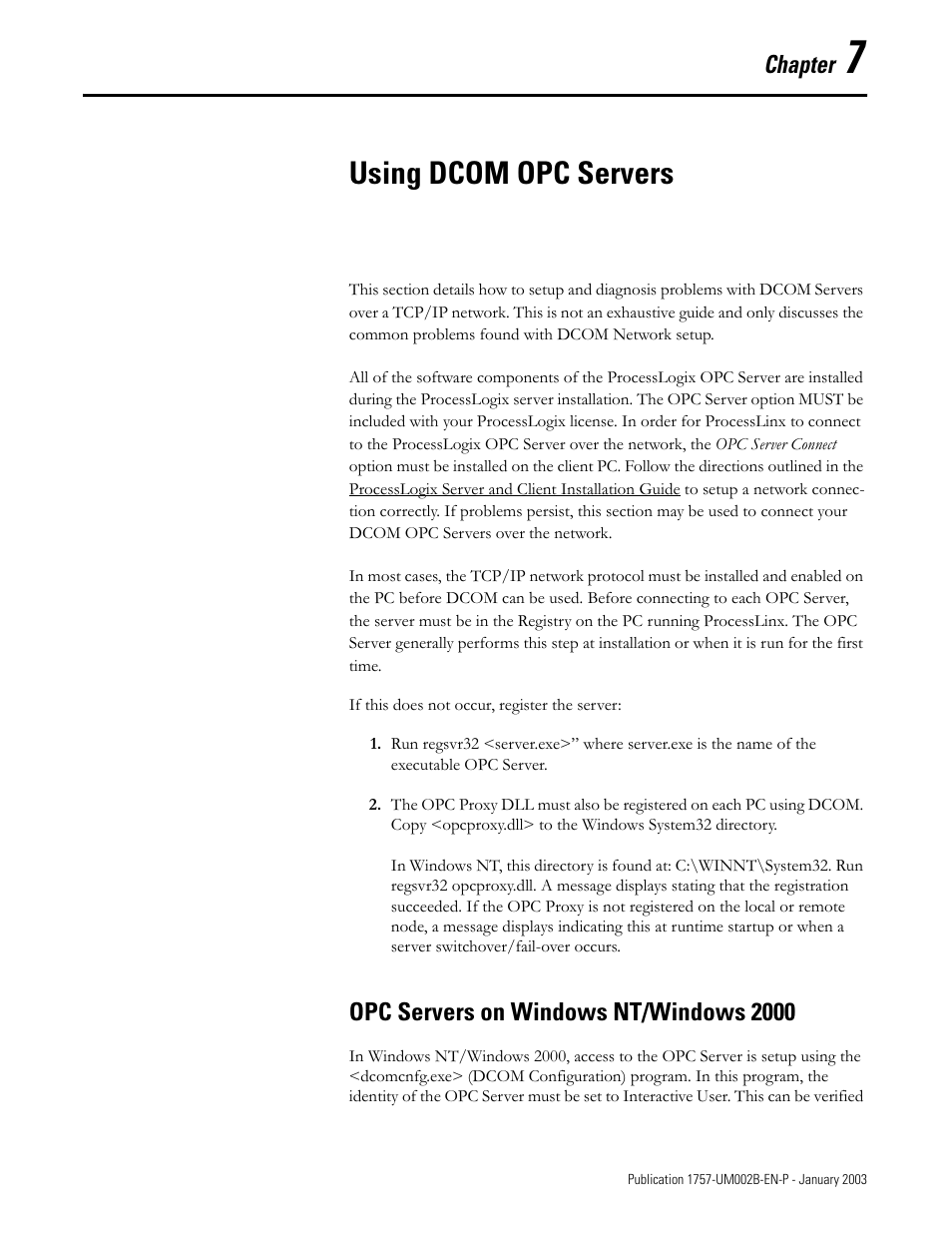 7 using dcom opc servers, Opc servers on windows nt/windows 2000, Using dcom opc servers | Opc servers on windows nt/windows 2000 -1, Chapter | Rockwell Automation 1757-PROCESSLINX ProcessLinx OPC Server to Server Software User Manual User Manual | Page 63 / 70