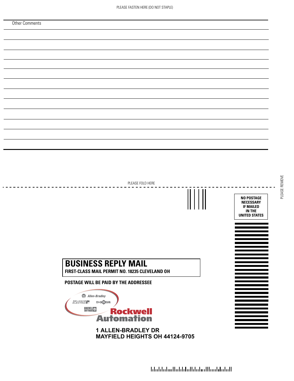 Business reply mail | Rockwell Automation 1757-PROCESSLINX ProcessLinx OPC Server to Server Software User Manual User Manual | Page 68 / 70