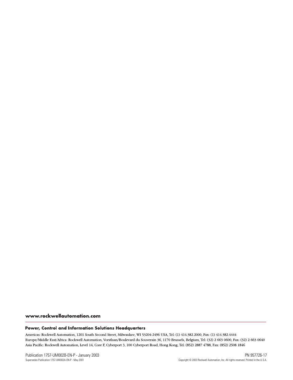 Backcover | Rockwell Automation 1757-PROCESSLINX ProcessLinx OPC Server to Server Software User Manual User Manual | Page 70 / 70