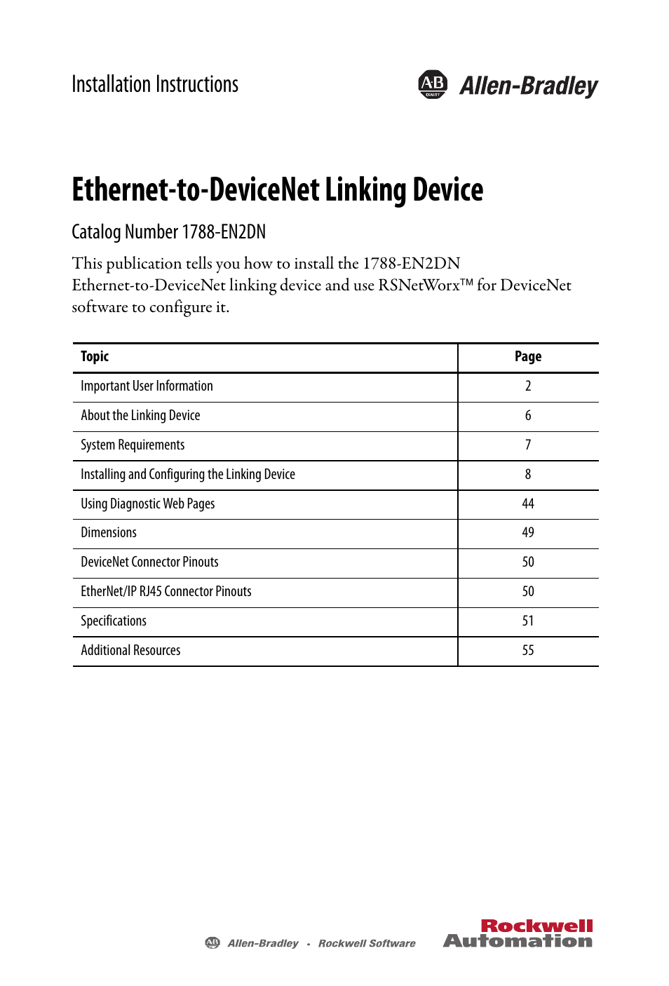 Rockwell Automation 1788-EN2DN Ethernet-to-DeviceNet Linking Device User Manual | 56 pages