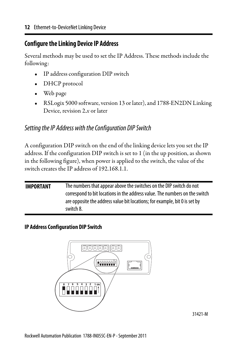 Configure the linking device ip address, 12 ethernet-to-devicenet linking device | Rockwell Automation 1788-EN2DN Ethernet-to-DeviceNet Linking Device User Manual | Page 12 / 56