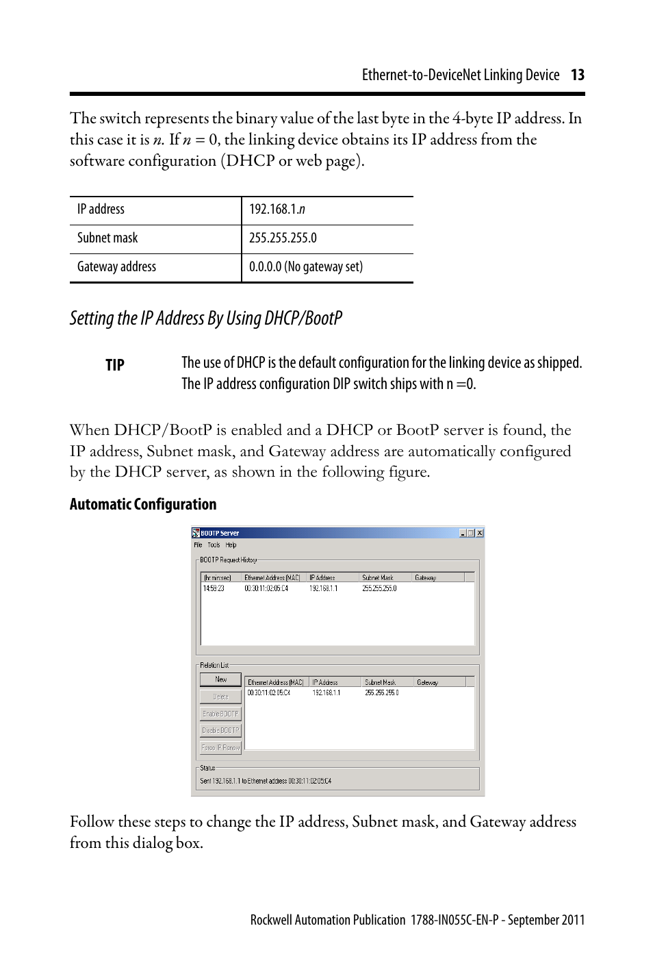 Setting the ip address by using dhcp/bootp | Rockwell Automation 1788-EN2DN Ethernet-to-DeviceNet Linking Device User Manual | Page 13 / 56