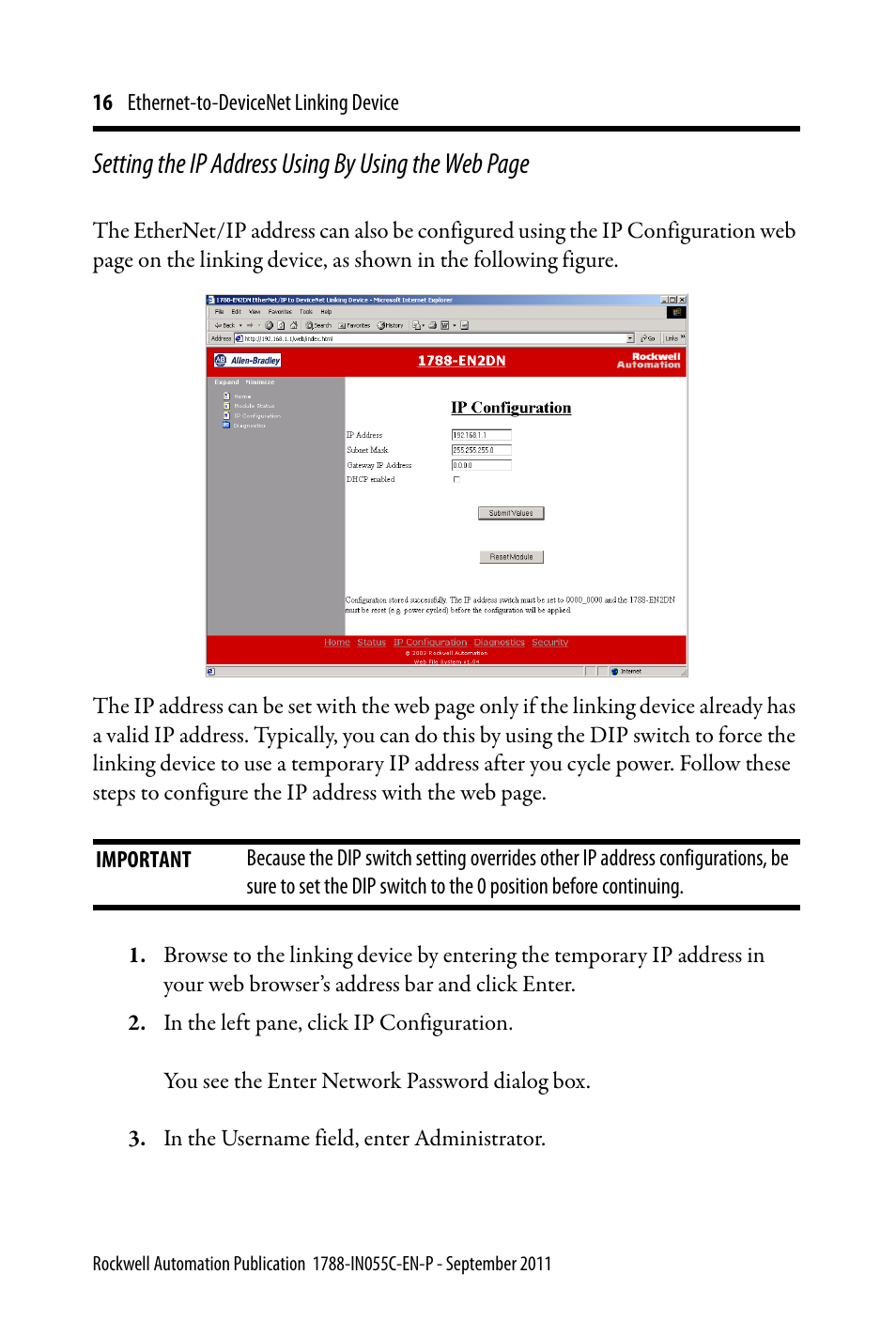 Setting the ip address using by using the web page | Rockwell Automation 1788-EN2DN Ethernet-to-DeviceNet Linking Device User Manual | Page 16 / 56