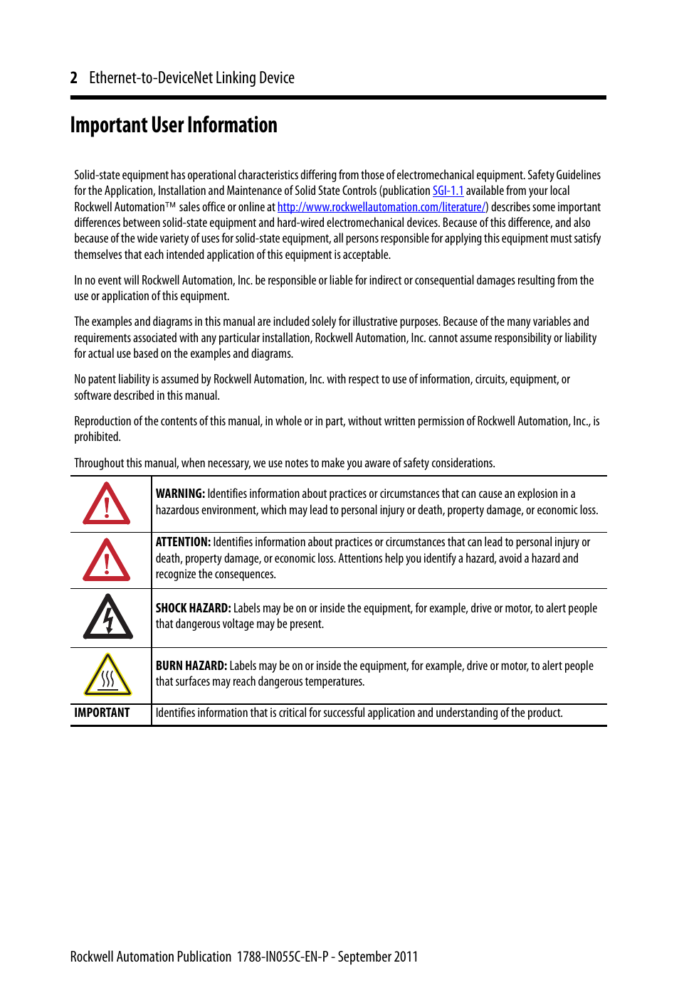 Important user information, 2 ethernet-to-devicenet linking device | Rockwell Automation 1788-EN2DN Ethernet-to-DeviceNet Linking Device User Manual | Page 2 / 56