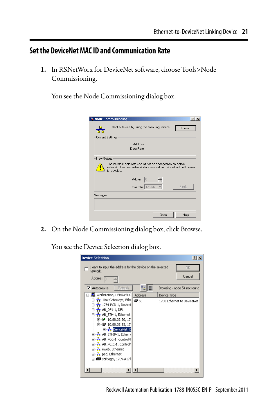 Set the devicenet mac id and communication rate | Rockwell Automation 1788-EN2DN Ethernet-to-DeviceNet Linking Device User Manual | Page 21 / 56