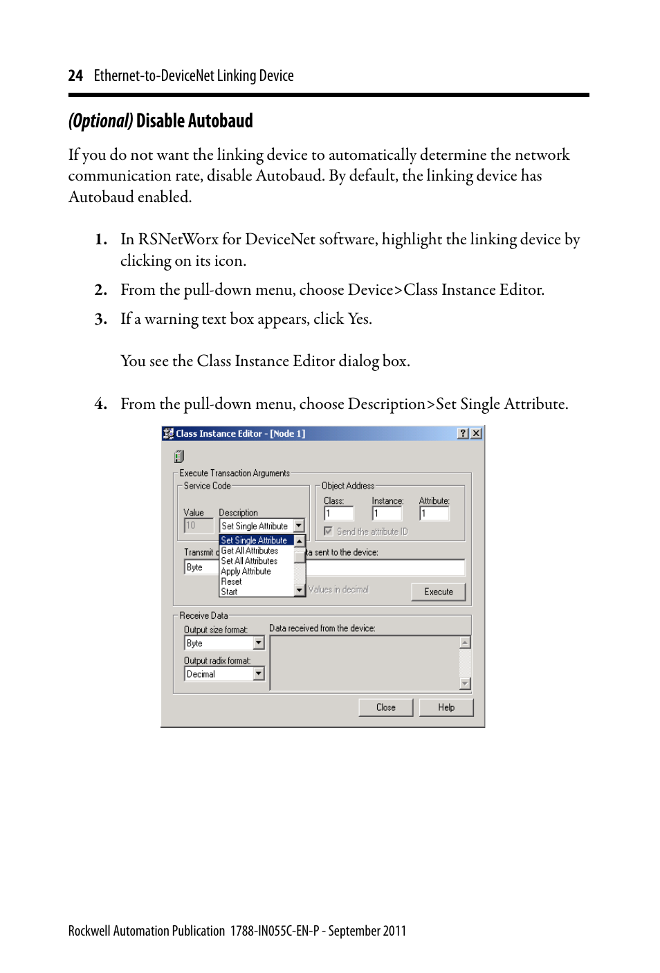 Optional) disable autobaud | Rockwell Automation 1788-EN2DN Ethernet-to-DeviceNet Linking Device User Manual | Page 24 / 56