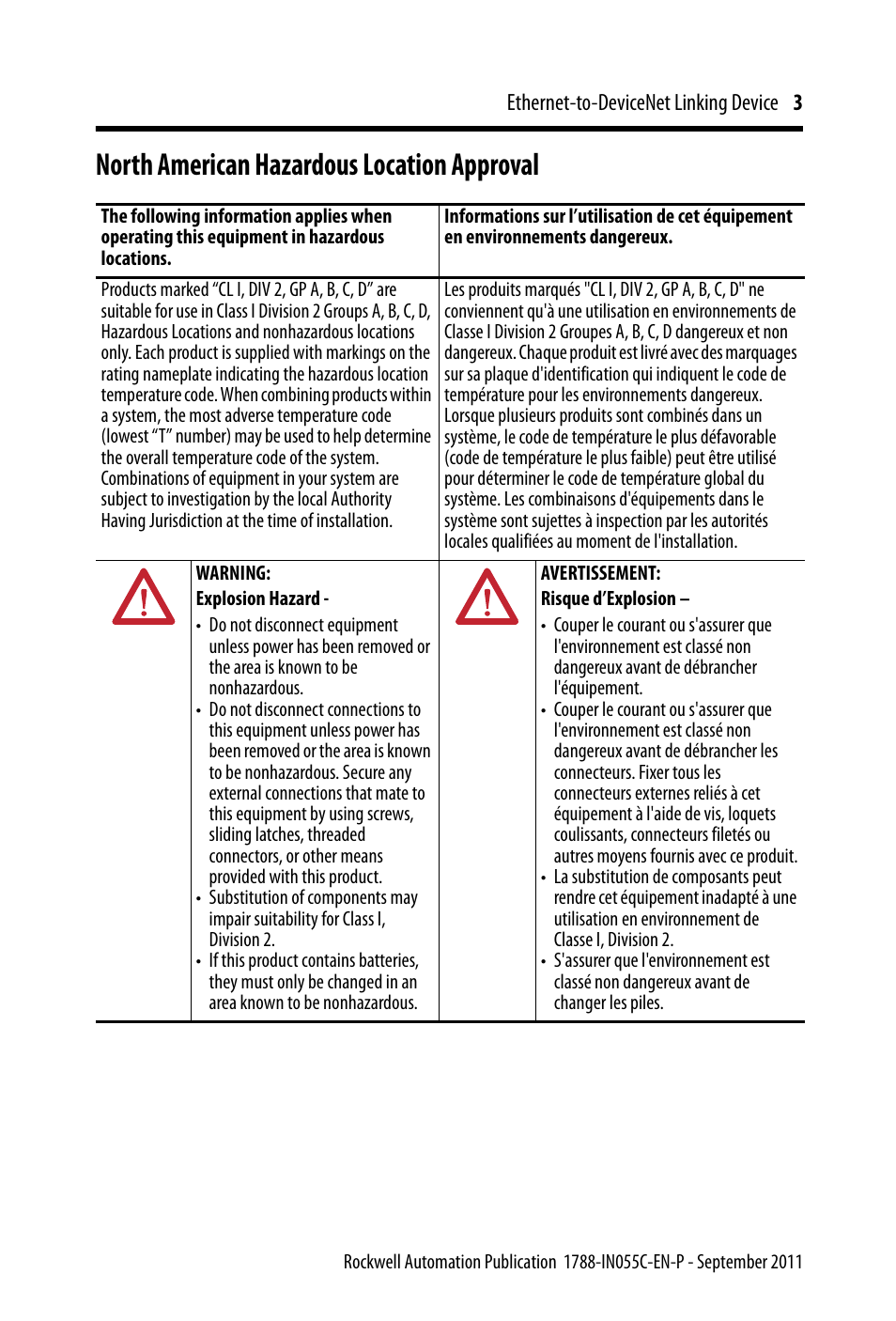 North american hazardous location approval | Rockwell Automation 1788-EN2DN Ethernet-to-DeviceNet Linking Device User Manual | Page 3 / 56